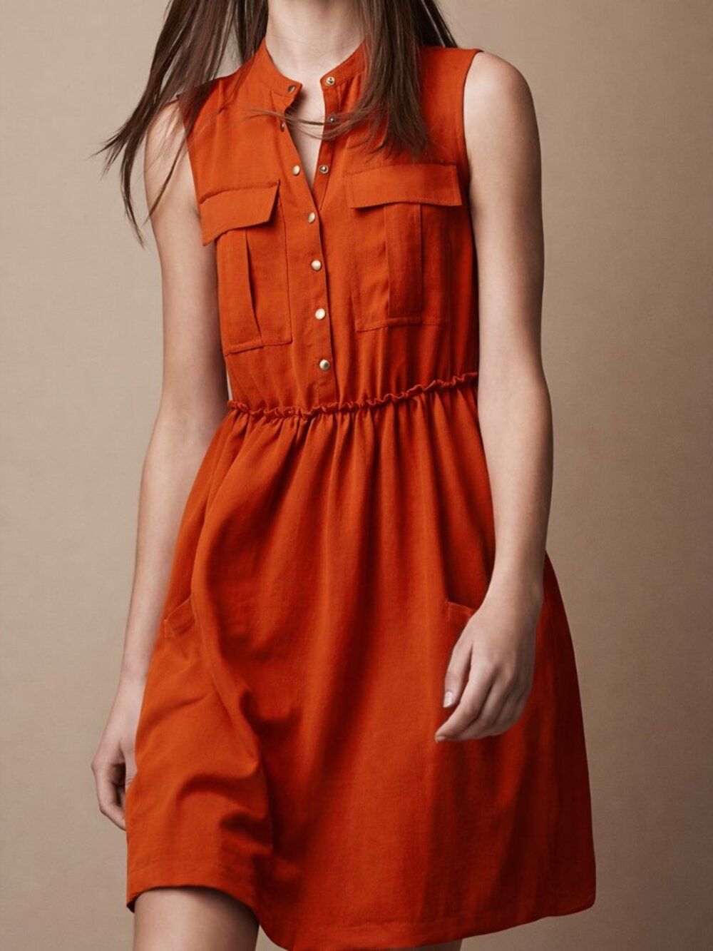 Burberry Burnt Orange Sleeveless Shirt Dress Snap Front